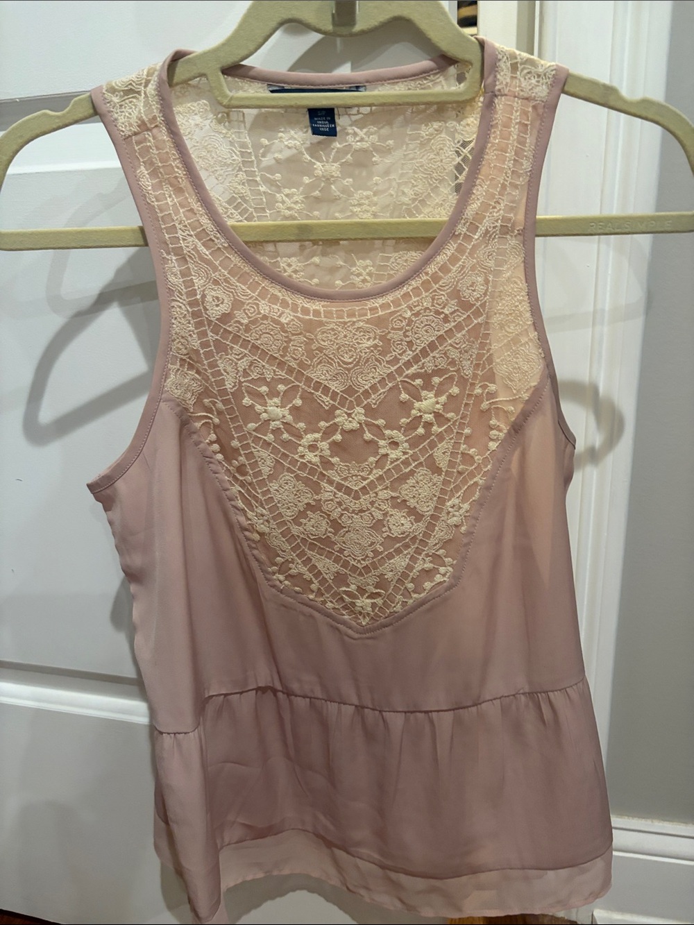American Eagle Outfitters Dusty Pink Tank with Cream Lace Yoke